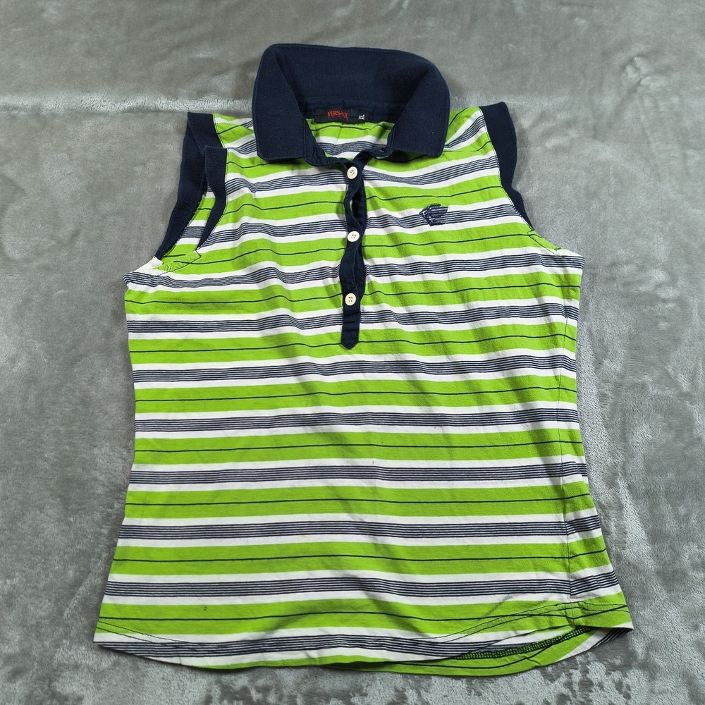 Vintage Versace Sport Polo Shirt Women XL Striped Sleeveless Embroidered 90s Y2K